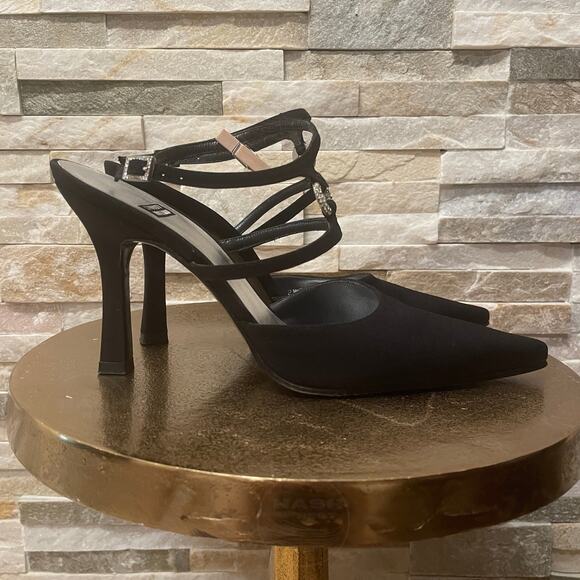 Stuart Weitzman 7 Black Satin Strappy Heels | Rhinestone Circle, Spain Y2K - Picture 2 of 13